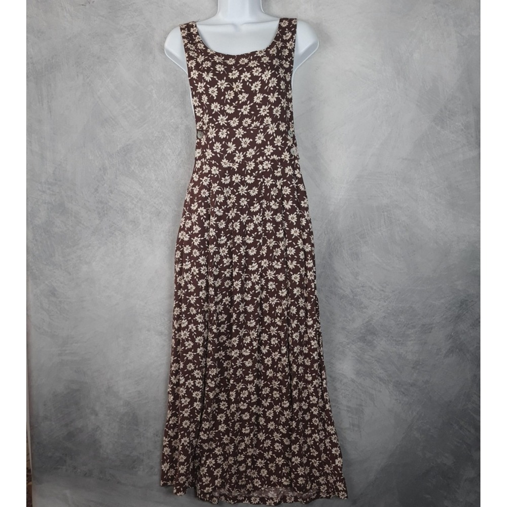 Vintage Express Dress Womens 3/4 Brown Floral Maxi Sundress Pinafore Jumper 90s